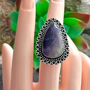 Teardrop Natural Chevron Amethyst Sterling Silver Ring Sz 6